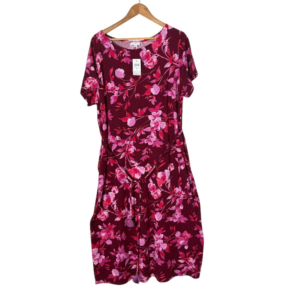 J Jill Plus Size Maxi Dress‎ 2X Watercolor Floral BOHO Beaded Tassel Belt NEW